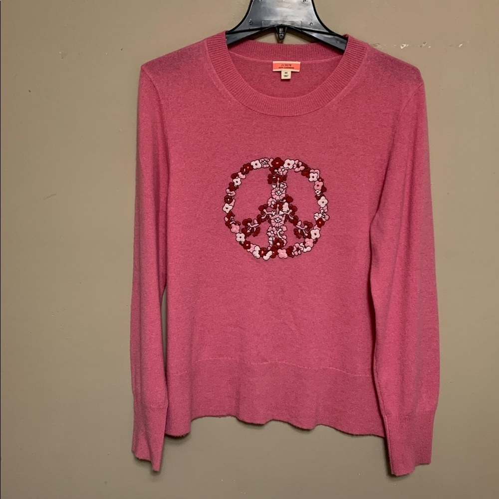 J.Crew Women Classic-Fit Pink Medium Cashmere Floral Peace Embroidery Sweater